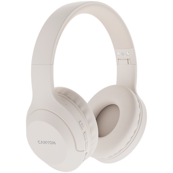 CANYON BTHS-3, Bluetooth headset,with microphone, BT V5.1 JL6956, battery 300mAh, Type-C charging plug, PU material, size:168*190*78mm, charging cable 30cm and audio cable 100cm, Beige