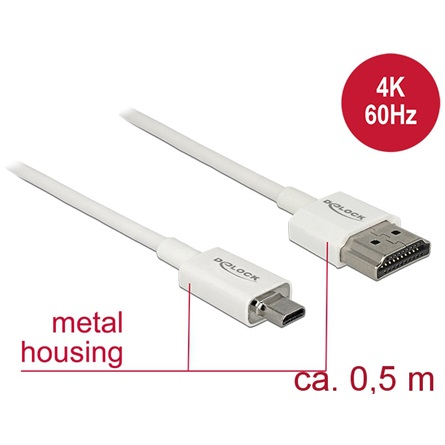 Кабел HDMI към micro HDMI-D TT 3D 4K 0.5m Slim Premium White, Delock 85148