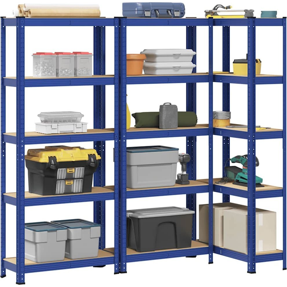 3 db 5-szintes kék acél és szerelt fa tárolópolc (4016941)