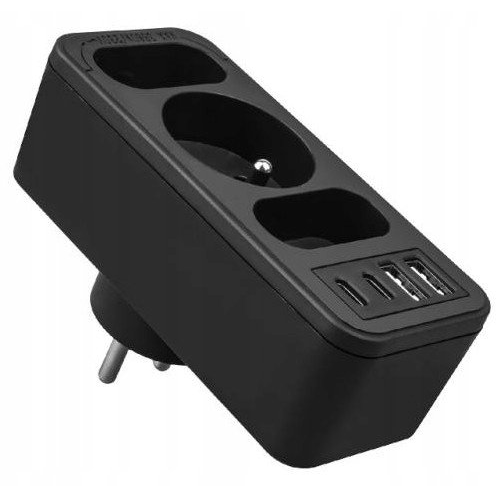 LTC Rozgałęźnik sieciowy: 1 gniazdo okrągłe z uz.+ 2x gniazdo płaskie + 2x USB + 2x USB-C 3,1A Czarny