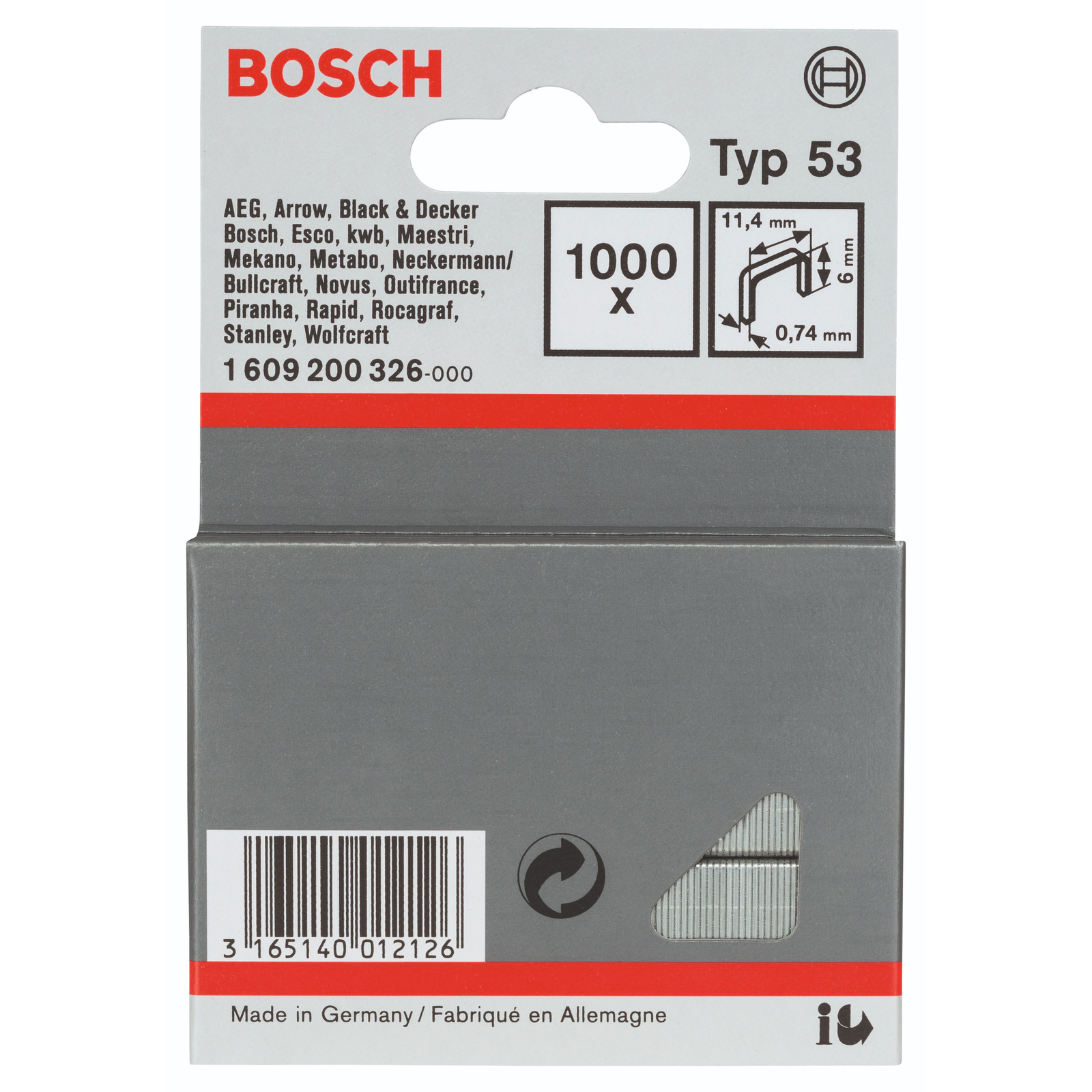 Bosch 1609200326 tűzőkapocs tűzőgépekhez, vékony huzalból, 53-as típus 11,4 × 0,74 × 6 mm (1.609.200.326)