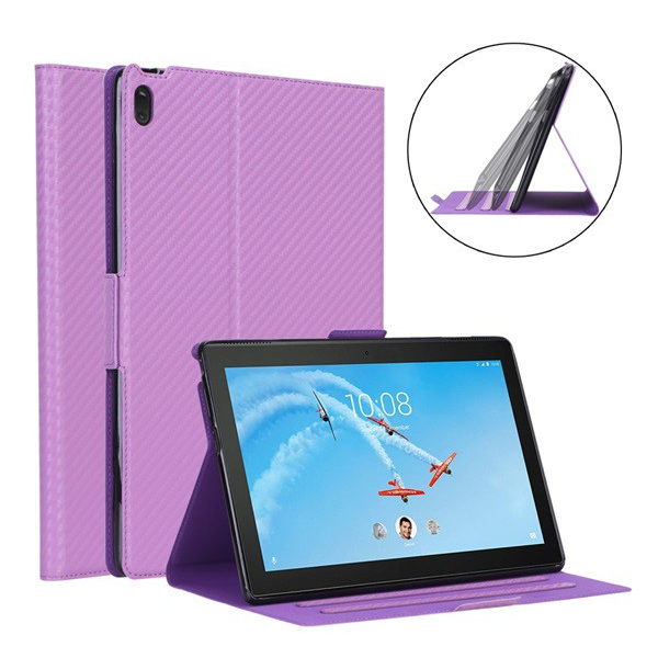 Lenovo Tab E10 (TB-X104F) Калъф Gigapack стоящ, кожен ефект (обръщане, отваряне настрани, функция за държач за маса, карбонов модел) лилав, опаковка Gigapack