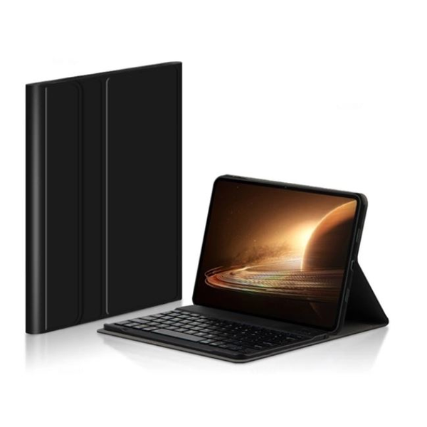 Стоящ протектор за таблет Gigapack, кожен ефект, флип, bluetooth клавиатура, настолен държач, qwerty, английски, черен, съвместим: OnePlus Pad