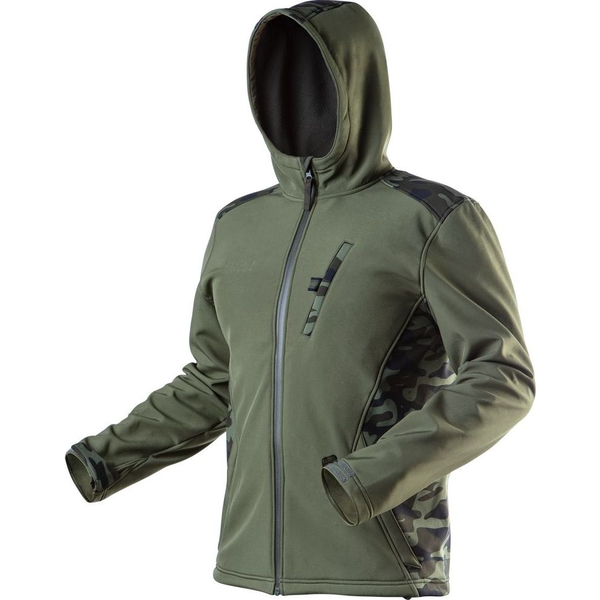 NEO 81-553-XL Munkadzseki, Softshell, Víz- És Szélálló Kapucnis, Terepmintás/Olíva, Camo, Vízáll.:5000mm, Légáter.:3000g/m2/24H, XL