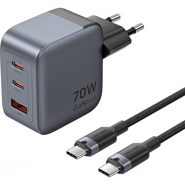Vention GaN USB-C+C+A +1m USB-C-C kábel Hálózati Gyorstöltő Adapter 70W - Szürke ( )