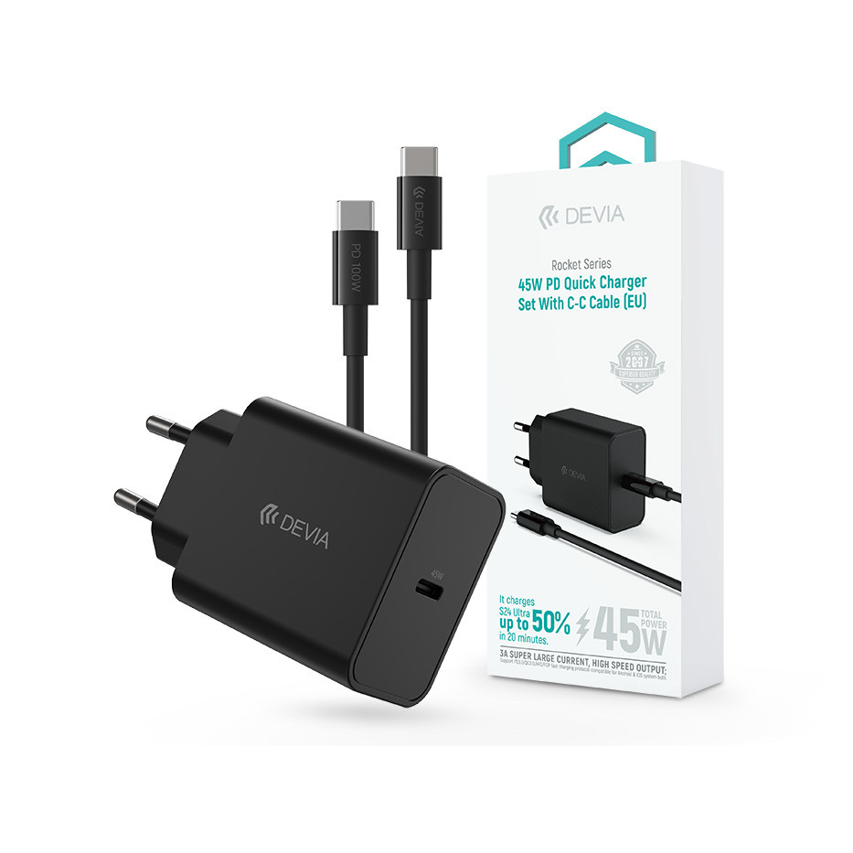 Devia Rocket Series 45W PD+QC gyorstöltő adapter + Type-C/Type-C kábel - fekete (ST111141)