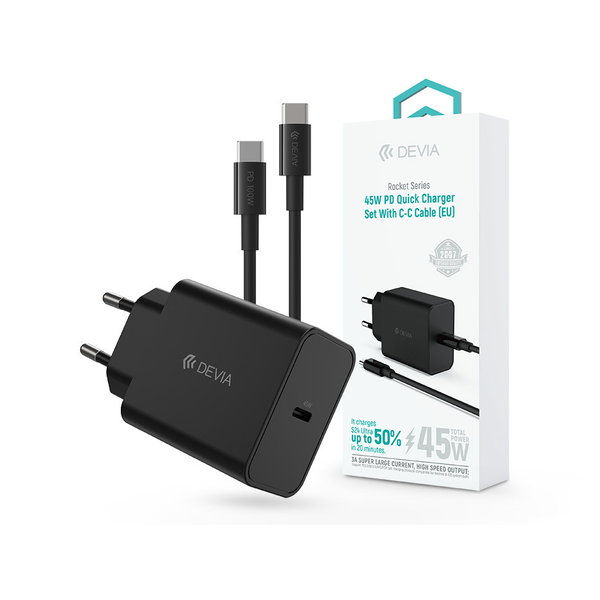 Адаптер за бързо зареждане Devia Rocket Series 45W PD+QC + Type-C/Type-C кабел - черен