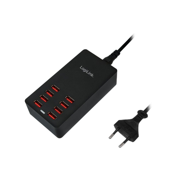 Мрежово зарядно устройство Logilink 220v, PA0140, Универсално, 8 x USB, Максимум 8.8A, 44W, Поддръжка на OCP/OVP/OTP, Черен