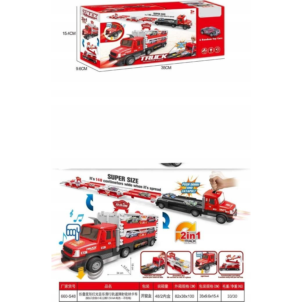 Interaktív Teherautó Katapulttal, 6 Db Fém Autó Készlet, Piros, 34X9,5X18cm ( )