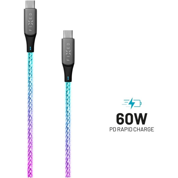 FIXED LED Cable USB-C/USB-C világító hatással és PD támogatással 1,2 méter 60W fonott szivárvány
