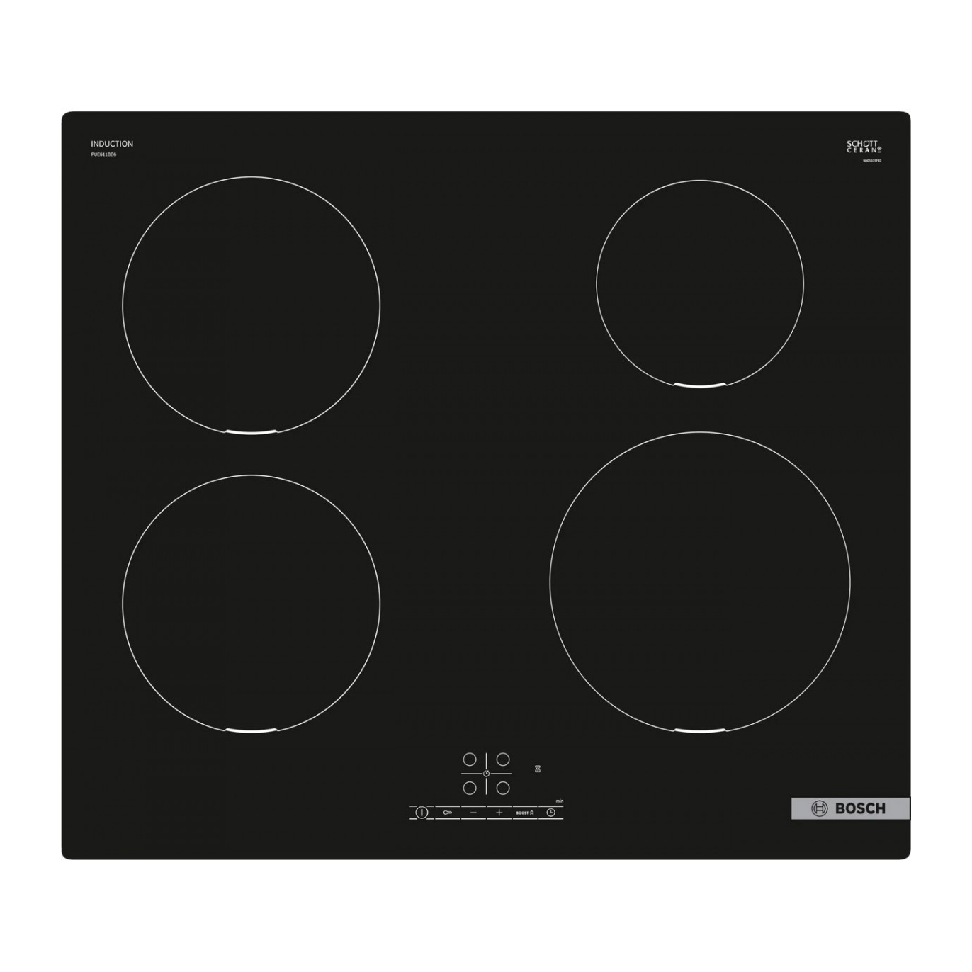 Bosch Serie 4 PUE611BB6E főzőlap Fekete Beépített 59.2 cm Zónás indukciós főzőlap 4 zóna (PUE611BB6E)