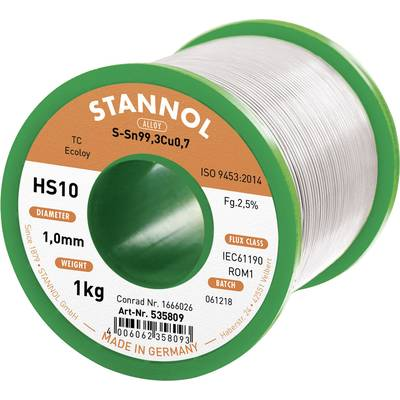Forrasztóón, ólommentes Ólommentes, Tekercs Stannol HS10 2,5% SN99,3CU0,7 CD 1000 g 1 mm (535762)