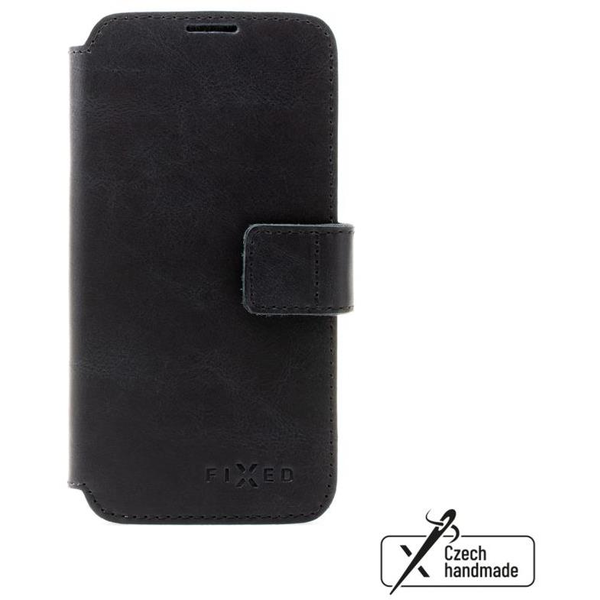 Калъф за телефон FIXED ProFit със странично отваряне от естествена кожа за Apple iPhone 15, черен