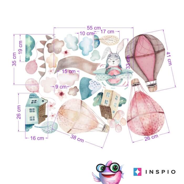 Falmatrica gyerekszobába - Rózsaszín hőlégballon matrica névvel gyerekszobába