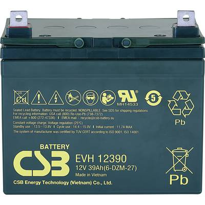 CSB Battery EVH 12390 EVH12390 Ólomakku 12 V 39 Ah Ólom-vlies (AGM) (Sz x Ma x Mé) 196 x 178 x 155 mm M6 csavaros csatlakozó Ciklusálló, Karbantartásmentes, (EVH12390)