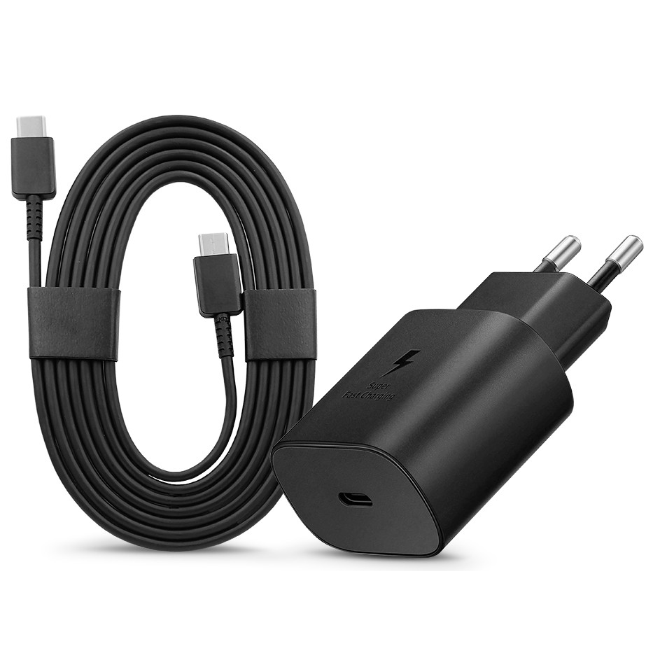 Samsung gyári hálózati töltő adapter Type-C bemenettel + 1,8 m-es Type-C - Type-C kábel - 25W - EP-TA800EBE + EP-DW767JBE - fekete (ECO csomagolás) (SAM-0951)