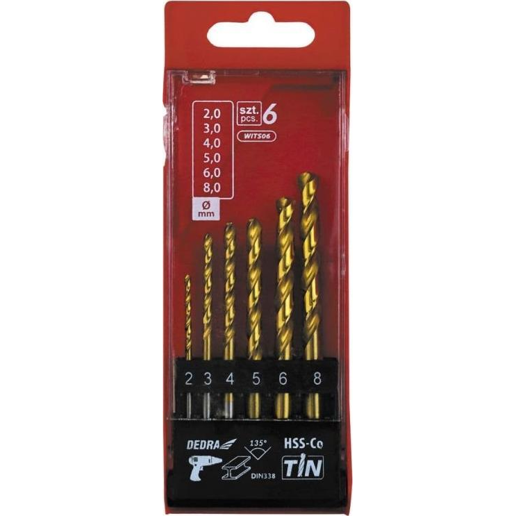 DEDRA WITS06 Fúrószár Készlet - 6 db-os, Fémhez, HSS+Kobalt+TiN, 135°, 2-8 mm (WITS06)