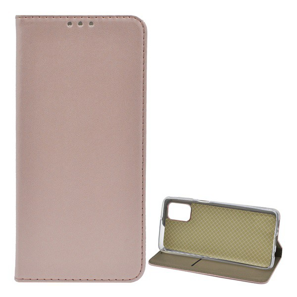 Tok álló, bőr hatású (FLIP, oldalra nyíló, asztali tartó funkció) ROZÉARANY [Samsung Galaxy M31s (SM-M317F)] (5996591022741)