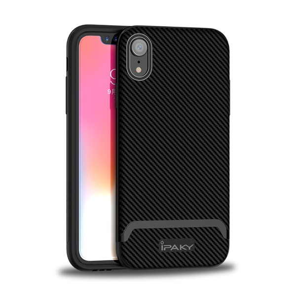 IPAKY szilikon telefonvédő (műanyag keret, közepesen ütésálló, karbon minta) FEKETE [Apple iPhone XR 6.1]