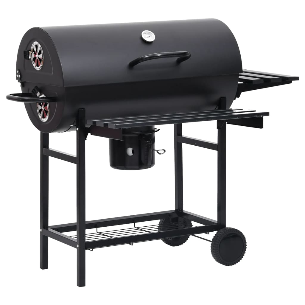 fekete acél hengeres grillsütő kerékkel és polccal 115x85x95 cm (313636)