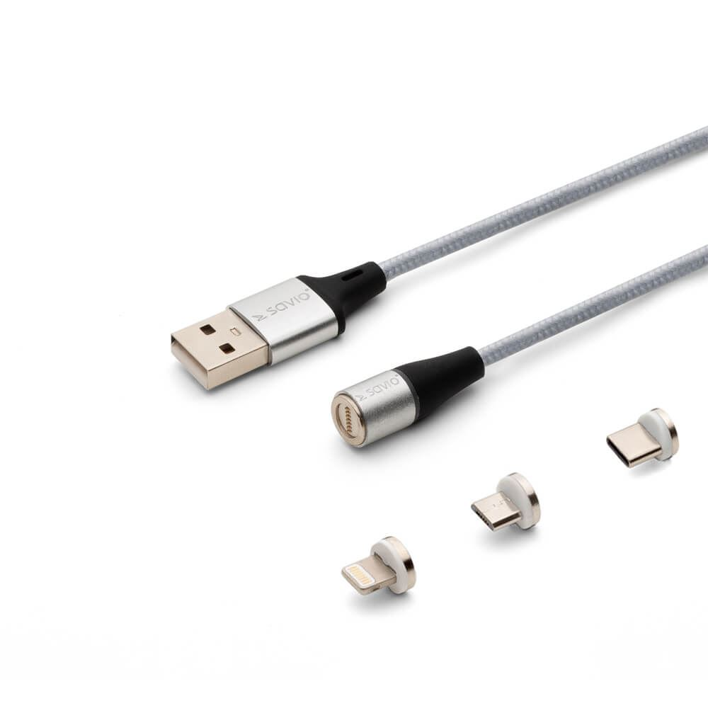 Savio 3az1-ben type-C,Micro USB,Lightning mágneses kábel 1m ezüst (CL-153) (CL-153)