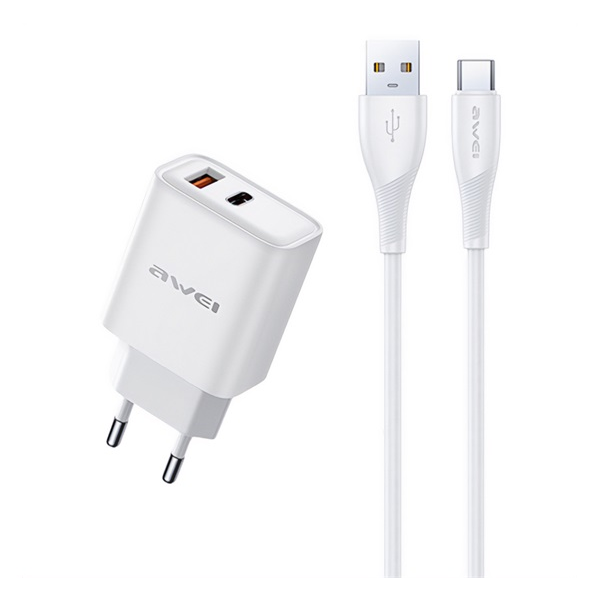 Awei hálózati töltő USB+Type-C aljzat (22.5W, GaN, PD gyorstöltő + Type-C kábel) FEHÉR (PD81T-EU)