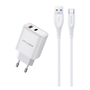Awei hálózati töltő USB+Type-C aljzat (22.5W, GaN, PD gyorstöltő + Type-C kábel) FEHÉR (PD81T-EU)