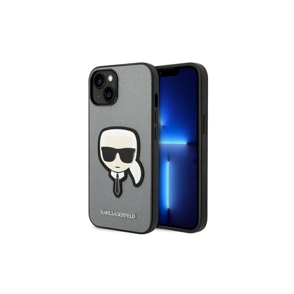 Karl Lagerfeld Saffiano Karl Head Patch Apple iPhone 14 Plus Műbőr Tok - Ezüst (KLHCP14MSAPKHG)