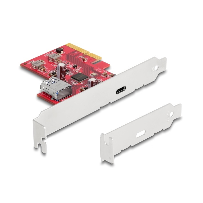 Delock PCI Express x4 Kártya - 1 x külső USB 10 Gbps USB Type-C hüvely + 1 x belső A-típusú USB 10 Gbps hüvely - alacsony profilú (90158) (90158)