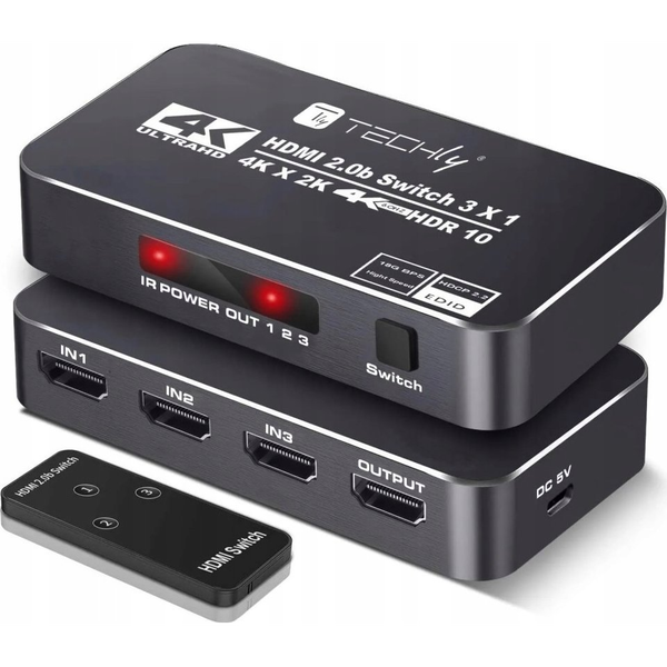 Techly 367171 3-portowy przełącznik HDMI 2.0b 4K*60Hz 3x1 z pilotem IR