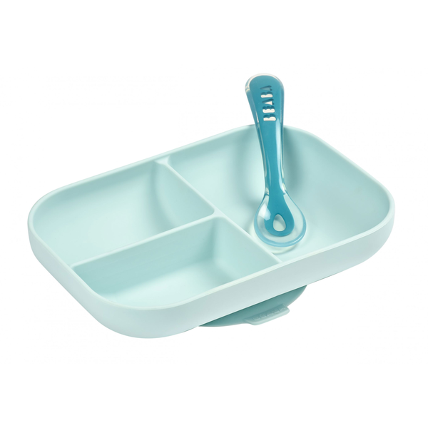 Beaba Osztott szilikon tányér tapadókoronggal + kanál, kék