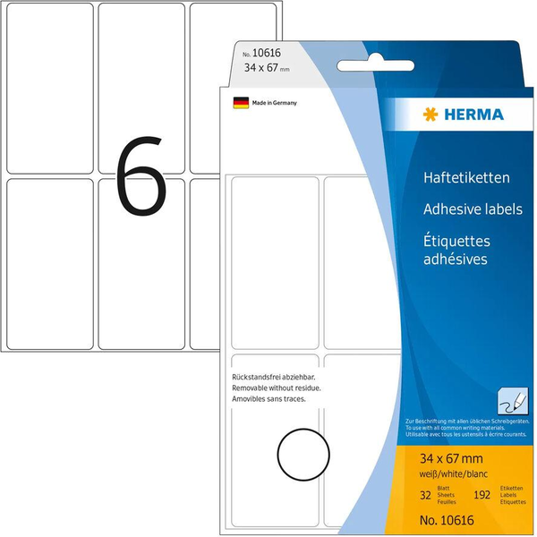 HERMA Vielzwecketiketten weiß 34x67 mm ablösbar  192 St.