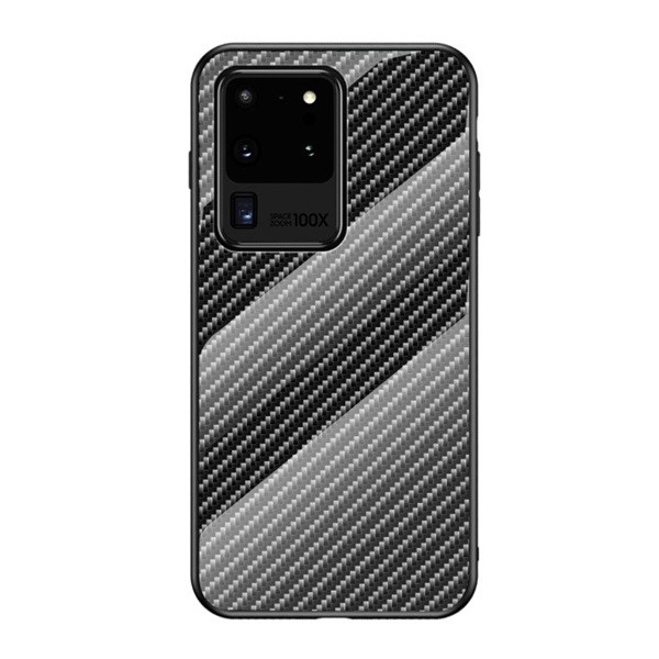 Samsung Galaxy S20 Ultra 5G SM-G988, Szilikon védőkeret, üveg hátlap, karbon minta, fekete (RS96202)