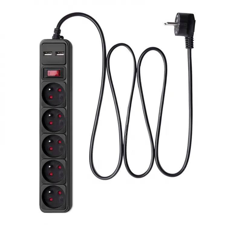 Akyga 5 aljzat + 2x USB-A túlfeszültségvédős elosztó 1.8m fekete (AK-SP-05U) (AK-SP-05U)