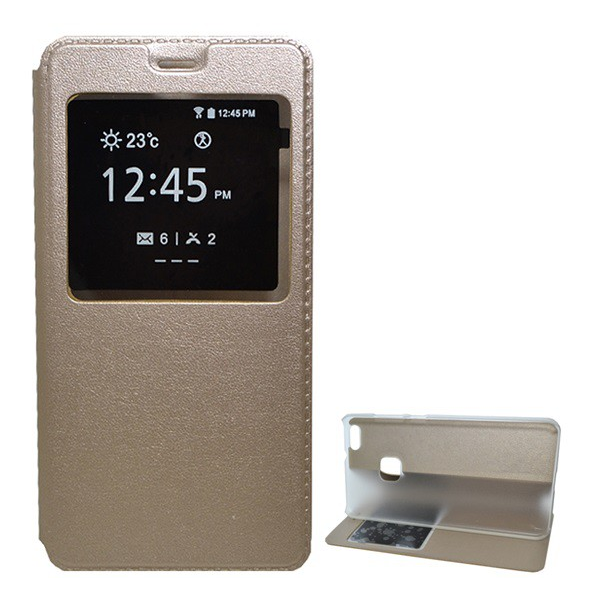 Tok álló, bőr hatású (FLIP, oldalra nyíló, asztali tartó funkció, View Window) ARANY [Huawei P10 Lite] (5996457696567)