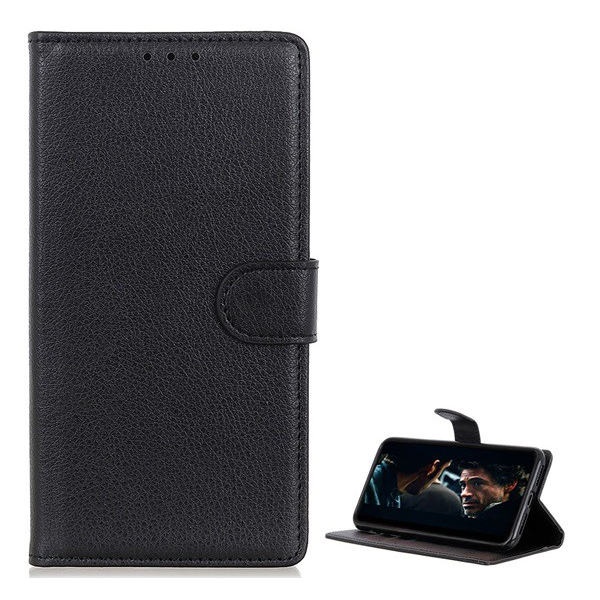 Tok álló, bőr hatású (FLIP, oldalra nyíló, asztali tartó funkció, prémium) FEKETE [Samsung Galaxy S10 Lite (SM-G770F) ] (5996457935895)