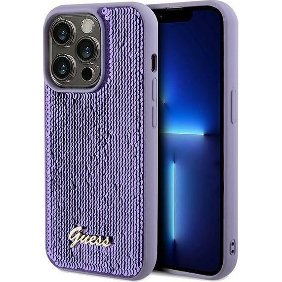 Guess Sequin Script Logo iPhone 14 Pro tok, lila (GUE003163)