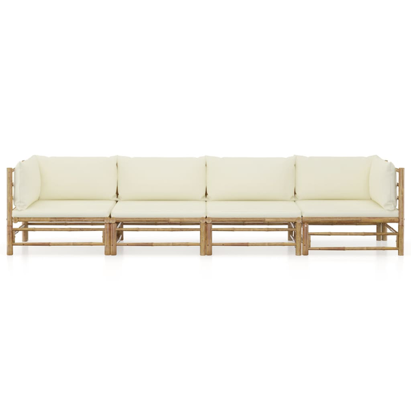 Set mobilier de grădină, cu perne alb crem, 4 piese, bambus