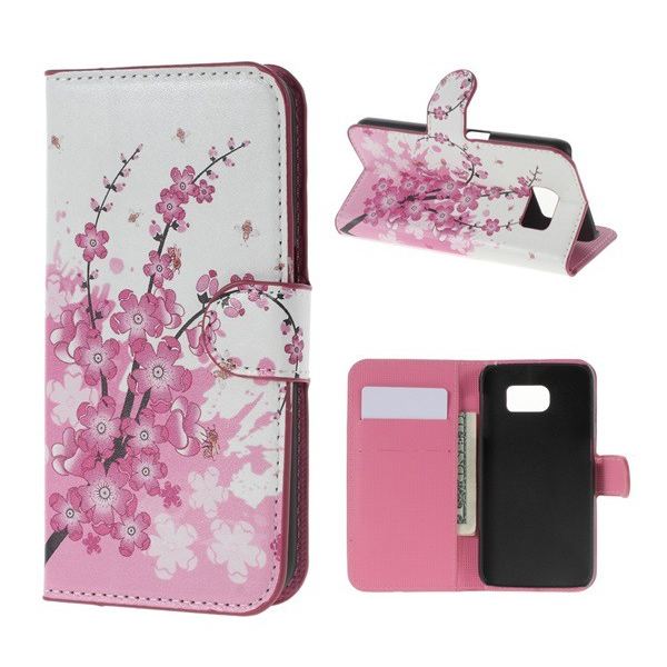 Husa pentru telefon Efect de piele in picioare (Flip, Magnetic, Deschidere laterala, Functie de suport pentru birou, Motiv cu flori) Alba [Samsung Galaxy S6 (SM-G920)]