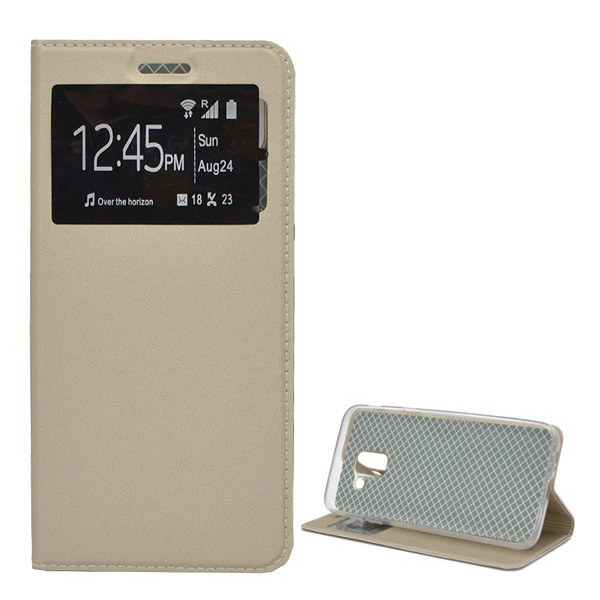 Tok álló, bőr hatású (FLIP, oldalra nyíló, asztali tartó funkció, View Window) ARANY [Samsung Galaxy J6 (2018) SM-J600F] (5996457787074)