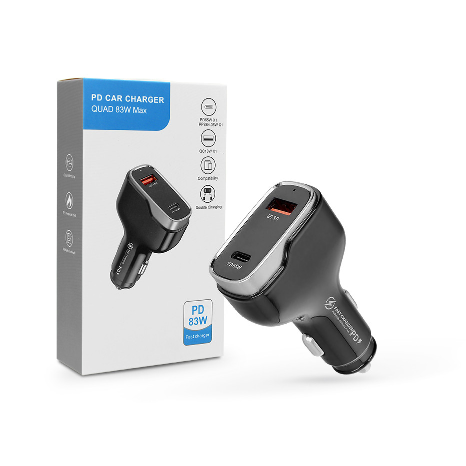 Quad szivargyújtó töltő adapter USB + Type-C bemenettel - 83W - Quad CC53-1A1C Car Charger PD 65W + QC 3.0 - fekete (HF227295)