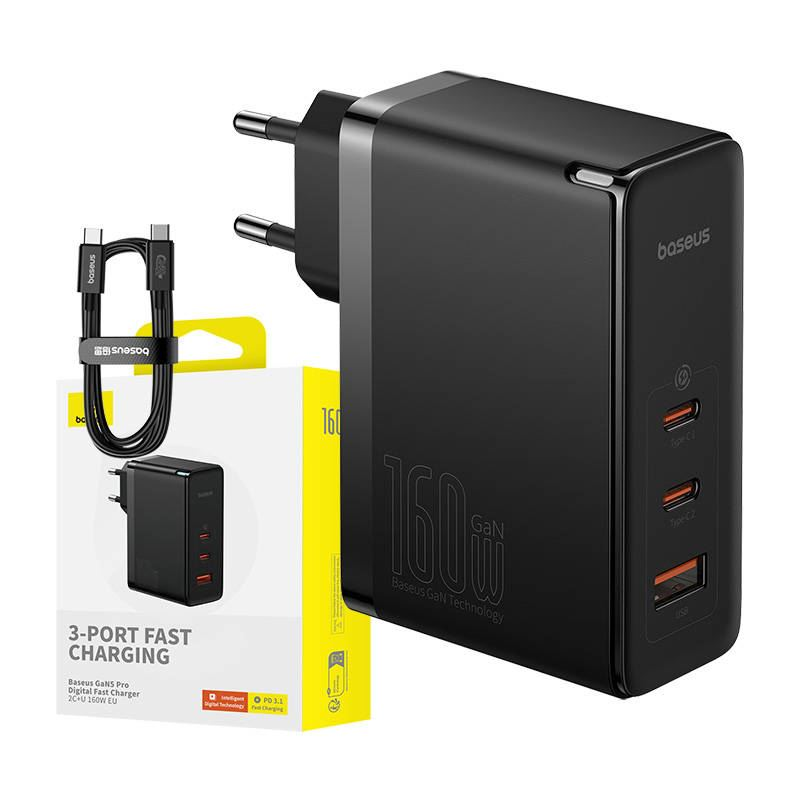 Baseus GaN5 Pro 2xUSB-C + USB-A hálózati töltő 160W fekete (P10110825113-00) (P10110825113-00)