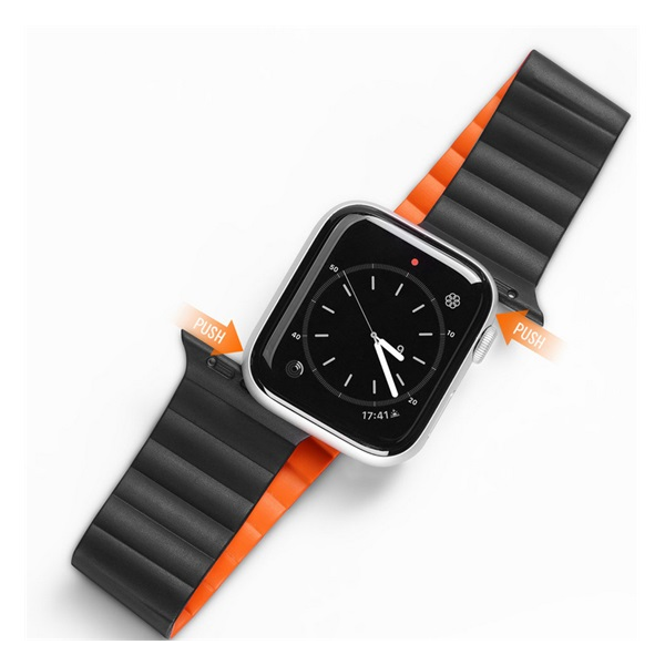Dux Ducis pótszíj (egyedi méret, kicsi, szilikon, bőr hatású, mágneses) FEKETE/NARANCSSÁRGA Apple Watch Series 10 42mm / Watch Series SE 2 40mm / Watch Series 9 41mm (GP-122521)