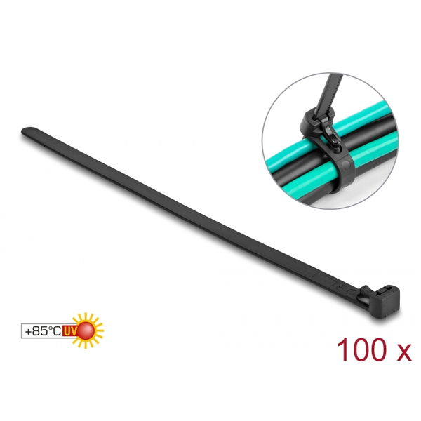 Delock Kábelösszekötő újrahasznosítható hőálló hossza 300 mm, szélessége 7,6 mm, 100 db. Fekete (19066)