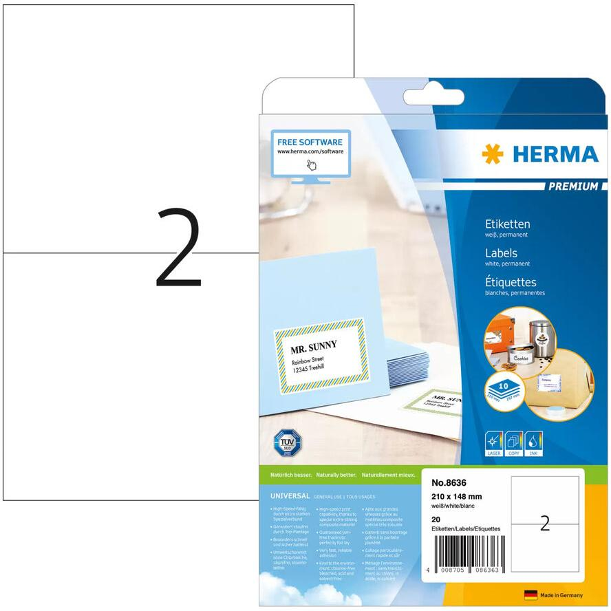 Herma 210x148 mm Címke tintasugaras és lézer nyomtatóhoz (20 címke / csomag) (8636)