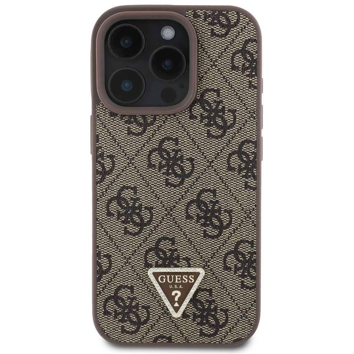 Guess PU 4G Strass Triangle Metal Logo iPhone 16 Pro Max Brown tok (GUHCP16XP4TDPW)