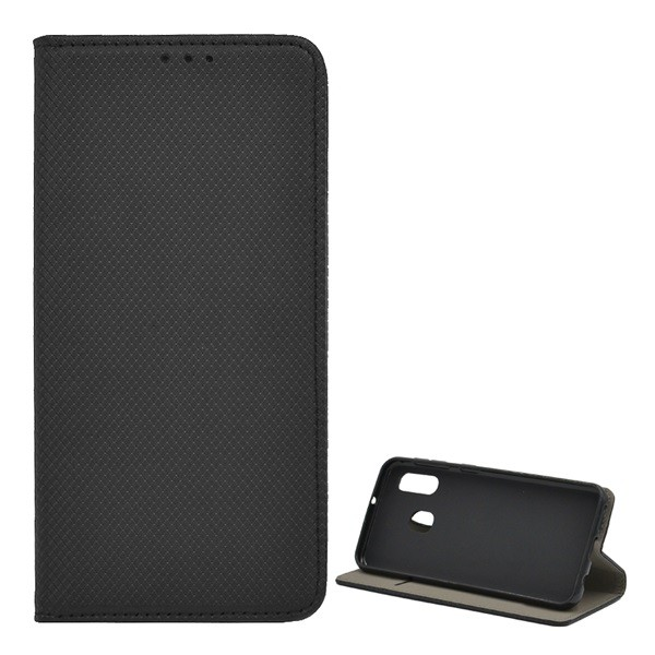 Tok álló, bőr hatású (FLIP, oldalra nyíló, asztali tartó funkció, rombusz minta) FEKETE [Samsung Galaxy A20e (SM-A202F)] (5996457871155)