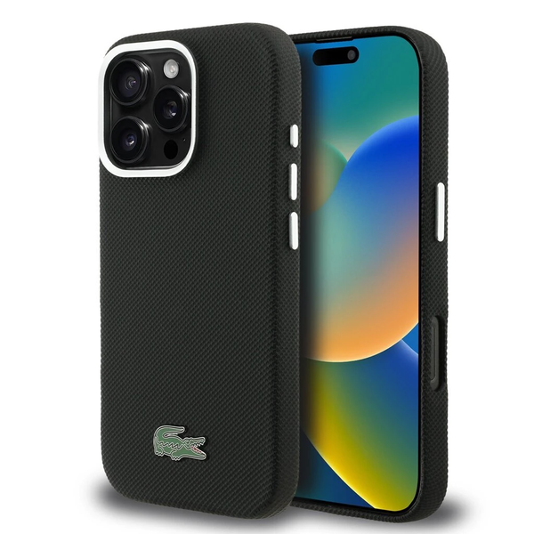 Lacoste PVC Iconic Petit Pique Metal Logo MagSafe tok iPhone 16 Pro Max készülékhez fekete