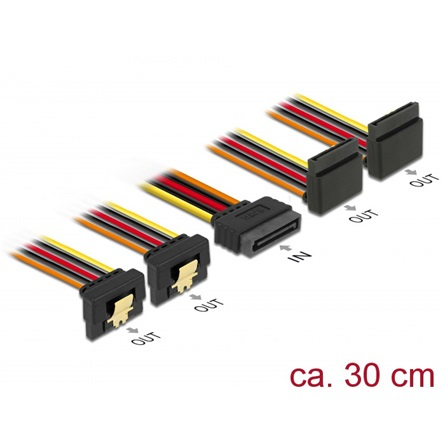 Delock Kabel SATA 15 Pin Strom Stecker mit Einrastfunktion > SATA 15 Pin Strom Buchse 2 x unten / 2 x oben 30 cm