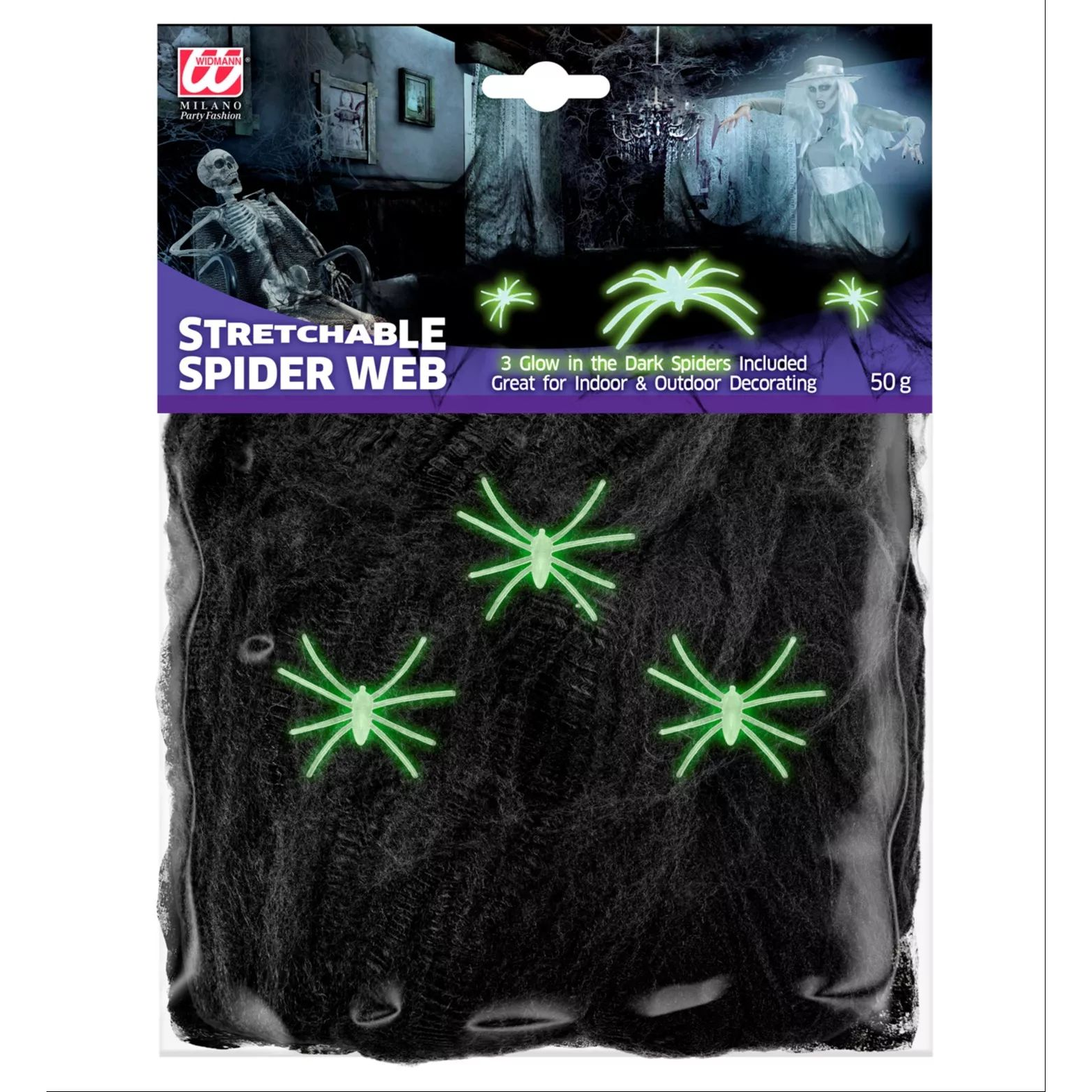 Widmann Foszforeszkáló Halloween Dekoráció műanyag pókok (3 db) fekete pókhálóval - 50 g (54011)
